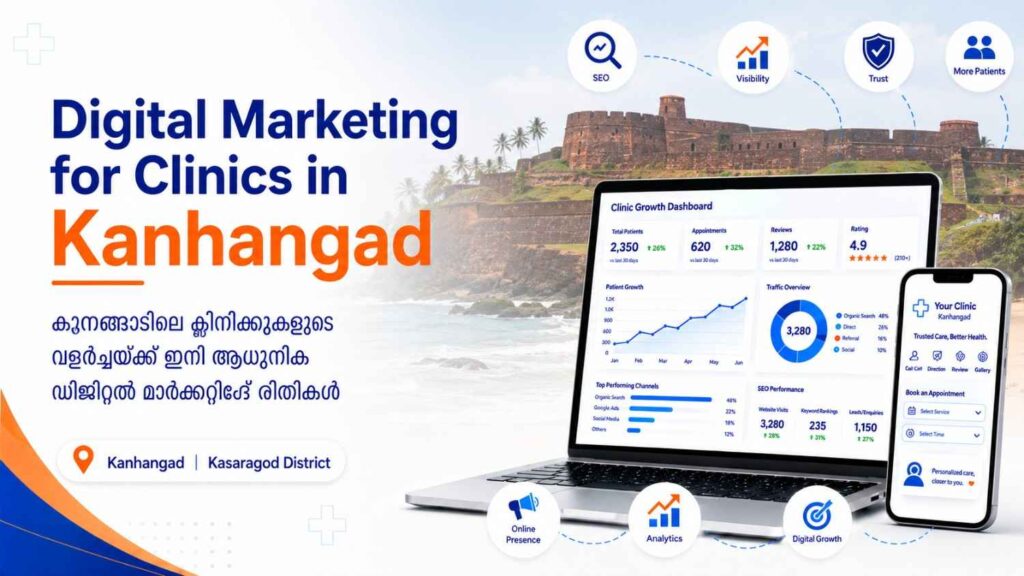 Digital Marketing for Clinics in Kanhangad banner with Bekal Fort background, clinic growth dashboard, mobile appointment screen, and healthcare marketing icons.