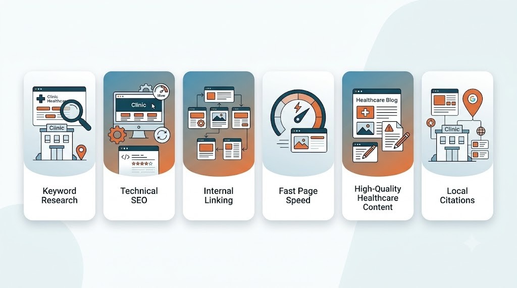 Digital Marketing for Clinics in Koduvayur illustration showcasing essential healthcare SEO elements, including keyword research, technical SEO, internal linking, fast page speed, schema markup, image optimization, high-quality healthcare content, and local citations.