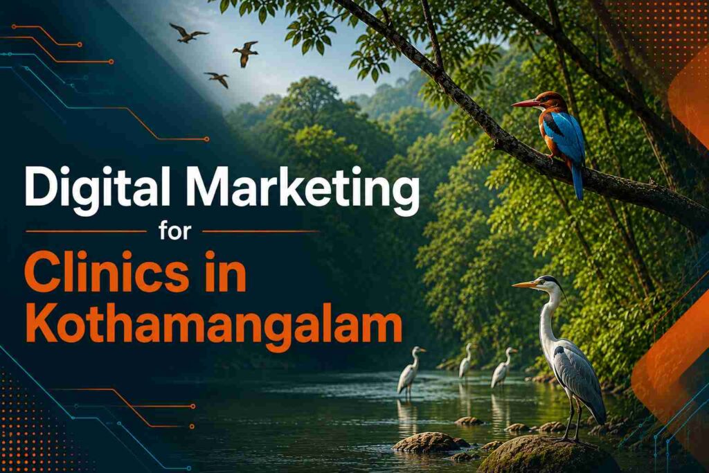 Digital Marketing for Clinics in Kothamangalam banner with Thattekad Bird Sanctuary background featuring lush greenery, river, and birds with a modern digital marketing design.
