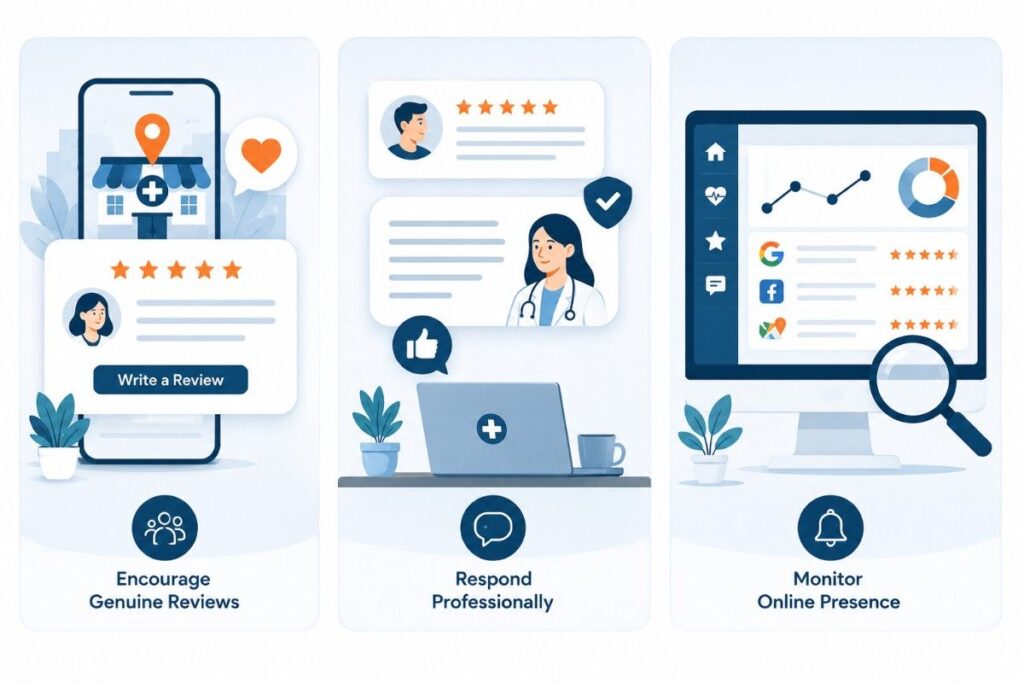 Digital Marketing for Clinics in Koyilandy illustration featuring strategies to encourage genuine reviews, respond professionally, and monitor online presence for better patient trust.
