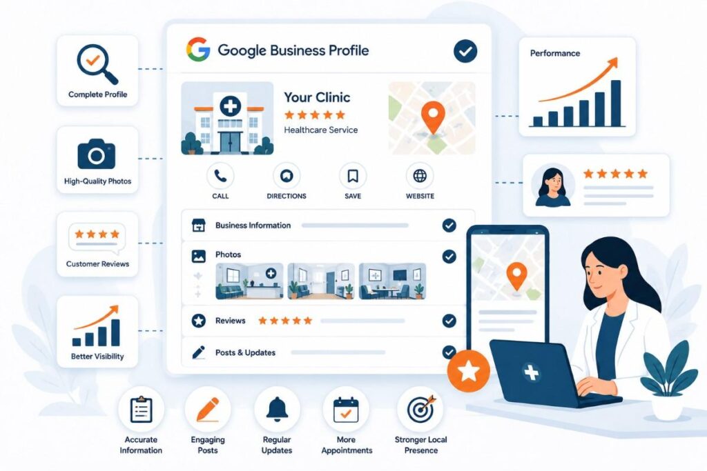 Digital Marketing for Clinics in Koyilandy illustration showing Google Business Profile optimization with clinic information, maps, reviews, photos, and local search visibility.