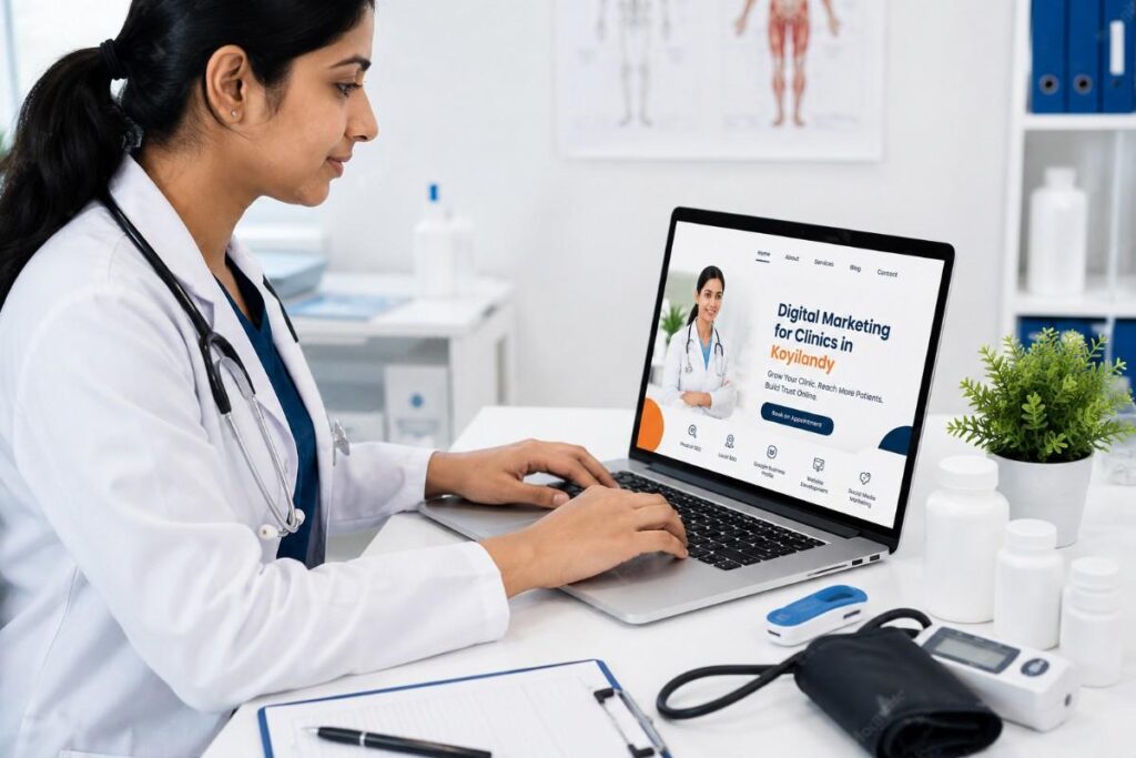 Digital Marketing for Clinics in Koyilandy showcasing an Indian doctor using a healthcare website on a laptop to improve online visibility and patient engagement.