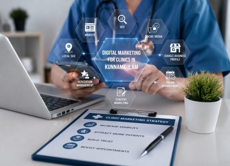 Healthcare professional using digital tools for Digital Marketing for Clinics in Kunnamkulam, showcasing SEO, Google Business Profile, and online patient engagement.