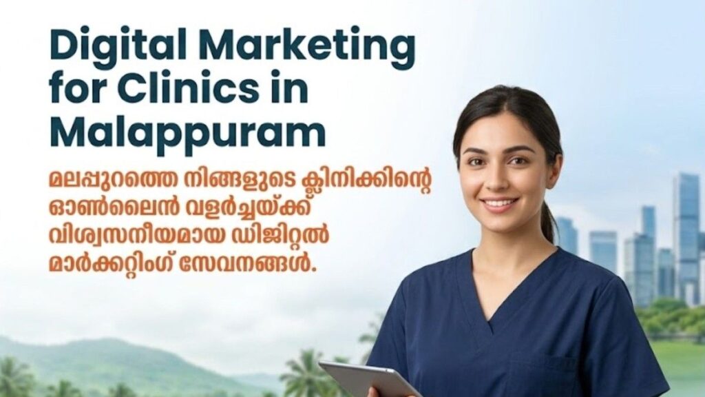 Digital Marketing for Clinics in Malappuram banner featuring a professional female clinic staff member with a clean healthcare design inspired by Kerala landscapes.