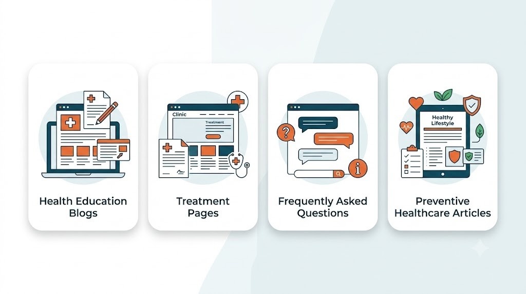 Digital Marketing for Clinics in Malappuram illustration featuring health education blogs, treatment pages, frequently asked questions, and preventive healthcare articles for effective healthcare content marketing.