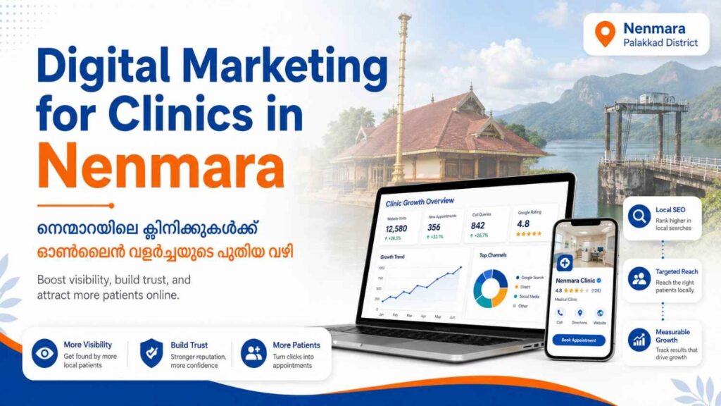 Digital Marketing for Clinics in Nenmara banner featuring clinic growth dashboard, mobile appointment screen, and Nenmara landmark background.