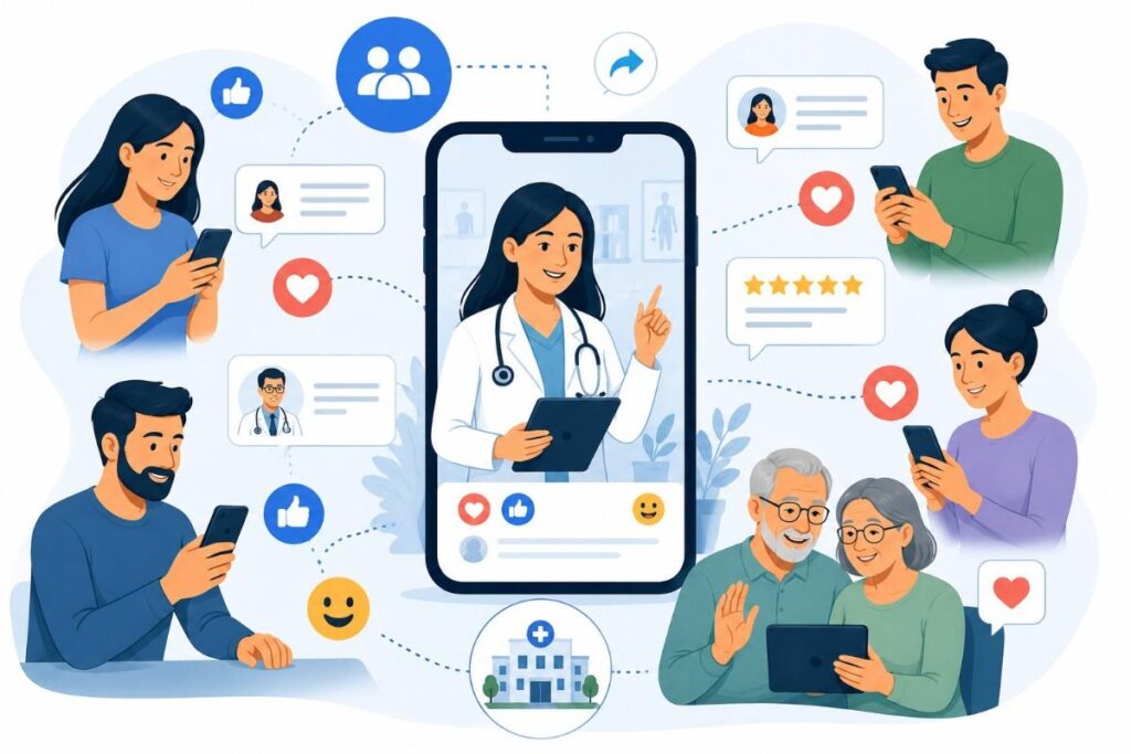 Digital Marketing for Clinics in Pattambi illustration showing social media engagement between healthcare providers and patients through online interactions, mobile devices, and digital communication.