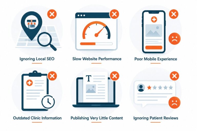 Digital Marketing for Clinics in Payyanur illustration highlighting common digital marketing mistakes, including ignoring local SEO, slow website performance, poor mobile experience, outdated clinic information, publishing very little content, and ignoring patient reviews.