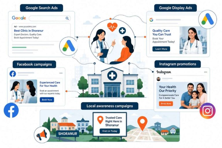 Digital Marketing for Clinics in Shoranur illustration featuring Google Search Ads, Google Display Ads, Facebook campaigns, Instagram promotions, and local awareness campaigns for healthcare marketing.