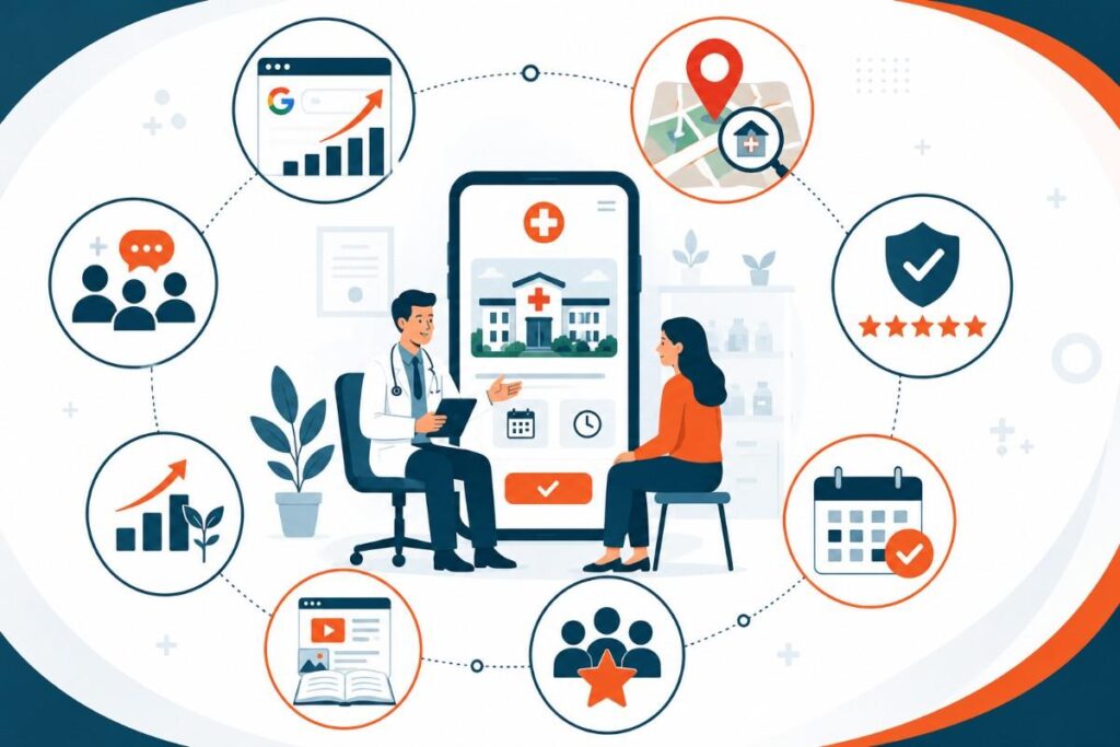 Digital Marketing for Clinics in Shoranur illustration showcasing improved Google rankings, increased local patient inquiries, stronger online credibility, appointment bookings, brand recognition, patient education through quality content, and sustainable business growth.