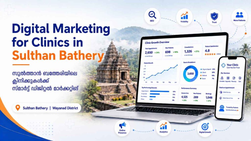 Digital Marketing for Clinics in Sulthan Bathery banner with Wayanad heritage temple background, clinic growth dashboard, mobile appointment screen, and healthcare marketing icons.