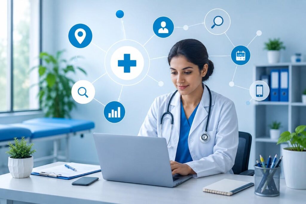 Digital Marketing for Clinics in Taliparamba showcasing a healthcare professional using digital technology for Medical SEO, online patient engagement, and clinic growth.