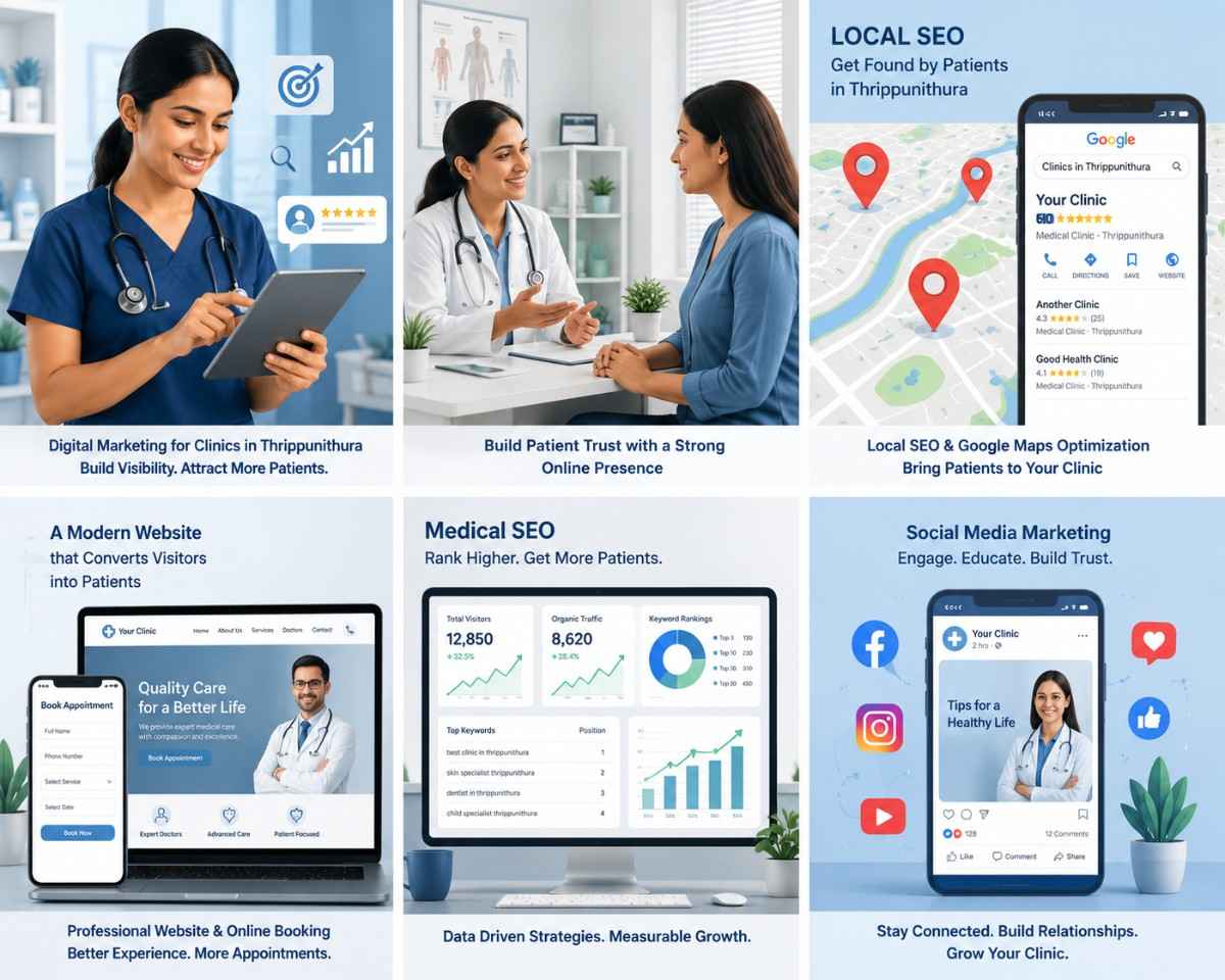 Digital Marketing for Clinics in Thrippunithura infographic showcasing local SEO, medical website development, Google Business Profile optimization, social media marketing, patient engagement, and healthcare digital marketing strategies.