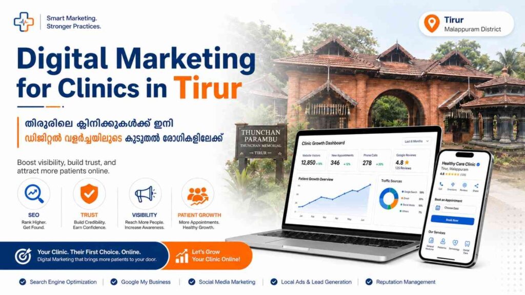 Digital Marketing for Clinics in Tirur banner featuring clinic growth dashboard, mobile appointment screen, and Thunchan Parambu landmark background.