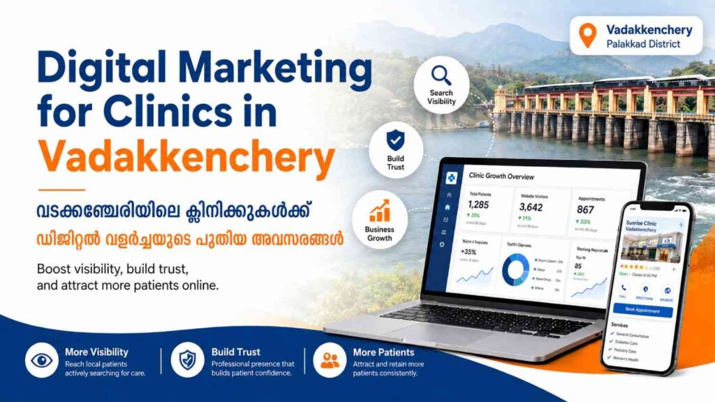 Digital Marketing for Clinics in Vadakkenchery banner featuring clinic analytics dashboard, mobile appointment screen, and Mangalam Dam background.
