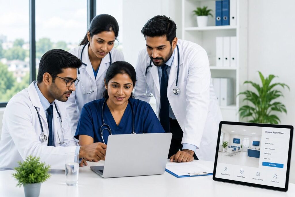 Digital Marketing for Clinics in Valanchery represented by Indian healthcare professionals collaborating with digital technology to improve patient engagement and online clinic growth.