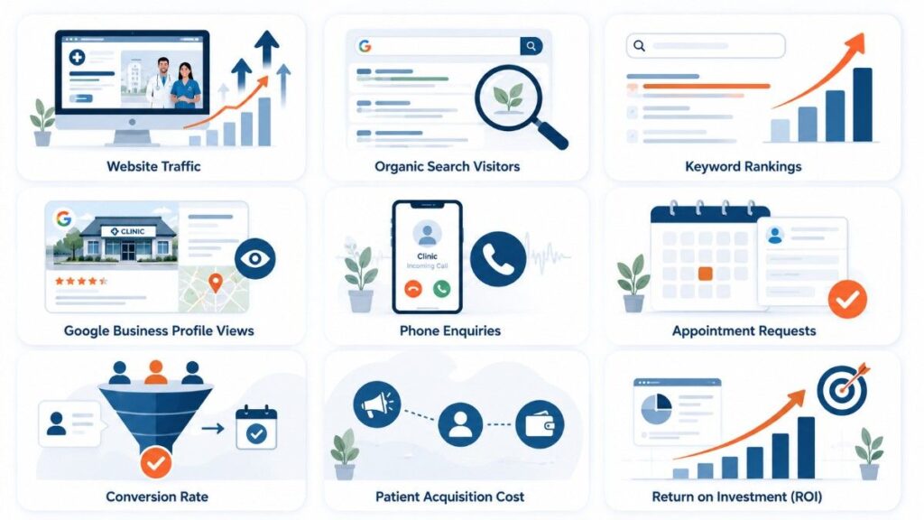 Digital Marketing for Clinics in Valanchery infographic illustrating healthcare marketing performance metrics, including website traffic, keyword rankings, appointment requests, and ROI.