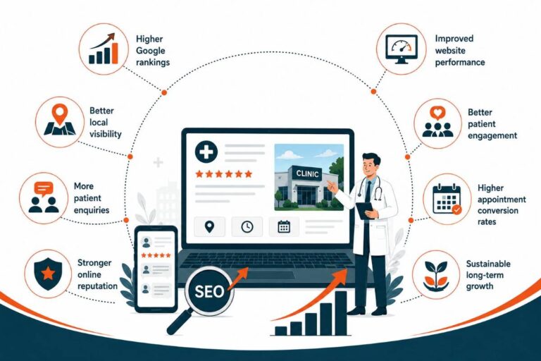 Digital Marketing for Clinics in Irinjalakuda illustration highlighting higher Google rankings, better local visibility, increased patient enquiries, stronger online reputation, improved website performance, better patient engagement, higher appointment conversion rates, and sustainable long-term growth.