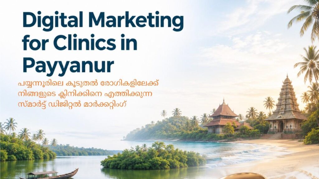 Digital Marketing for Clinics in Payyanur banner featuring the cultural landscape of Payyanur with premium healthcare digital marketing branding.