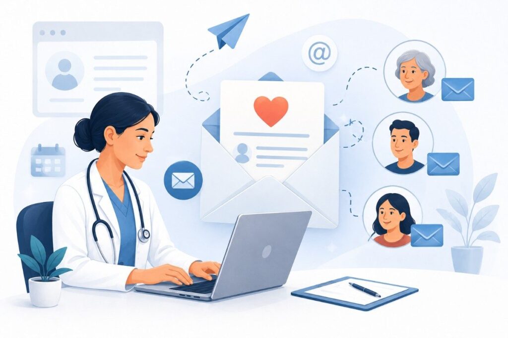 Digital Marketing for Clinics in Ramanattukara illustration depicting email marketing for patient retention, with a healthcare professional sending personalized email communications to patients through a secure digital platform.