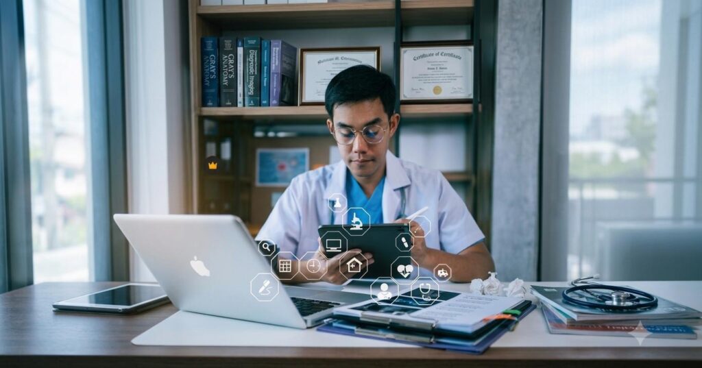 Doctor using a laptop and tablet with digital healthcare icons, representing Digital Marketing for Clinics in Nilambur and online patient engagement.