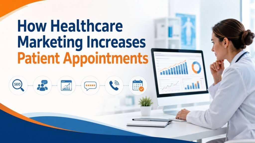 How healthcare marketing increases patient appointments through SEO, patient enquiries, website traffic, online reviews, calls, and digital appointment booking.