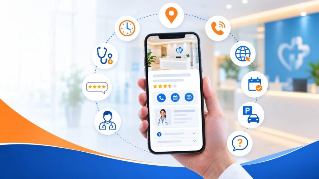 Mobile screen displaying essential clinic information including location, consultation timings, doctor profiles, appointments, reviews, and contact details with clean blue and orange healthcare icons.
