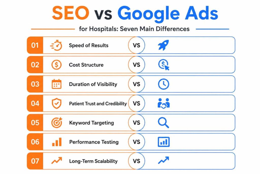 SEO vs Google Ads for Hospitals infographic highlighting seven key differences: Speed of Results, Cost Structure, Duration of Visibility, Patient Trust and Credibility, Keyword Targeting, Performance Testing, and Long-Term Scalability using a blue and orange design.