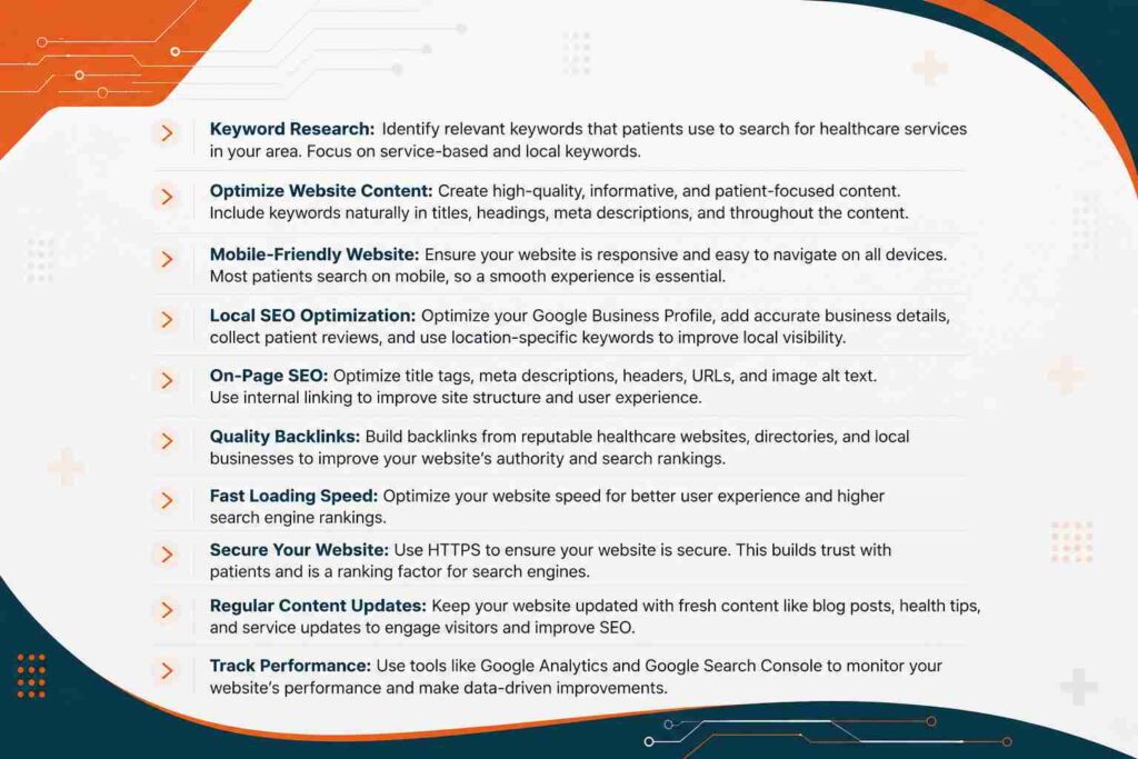 SEO best practices for healthcare clinics infographic highlighting keyword research, local SEO, website optimization, and content marketing tips.