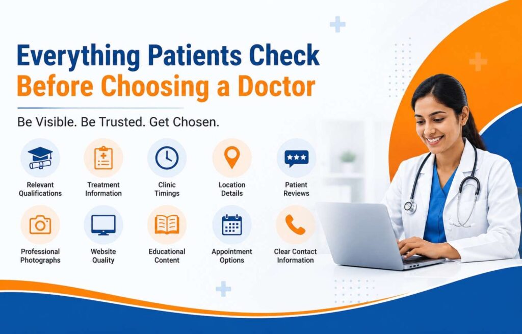 Healthcare banner showing factors patients check before choosing a doctor, including qualifications, treatment details, clinic timings, reviews, website quality, and appointment options.