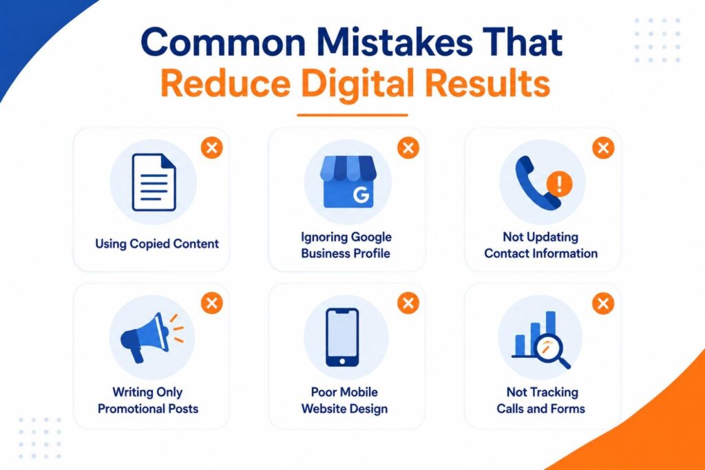 Minimal infographic highlighting six common digital marketing mistakes clinics should avoid, including copied content, ignoring Google Business Profile, outdated contact information, overly promotional content, poor mobile website design, and not tracking patient enquiries.