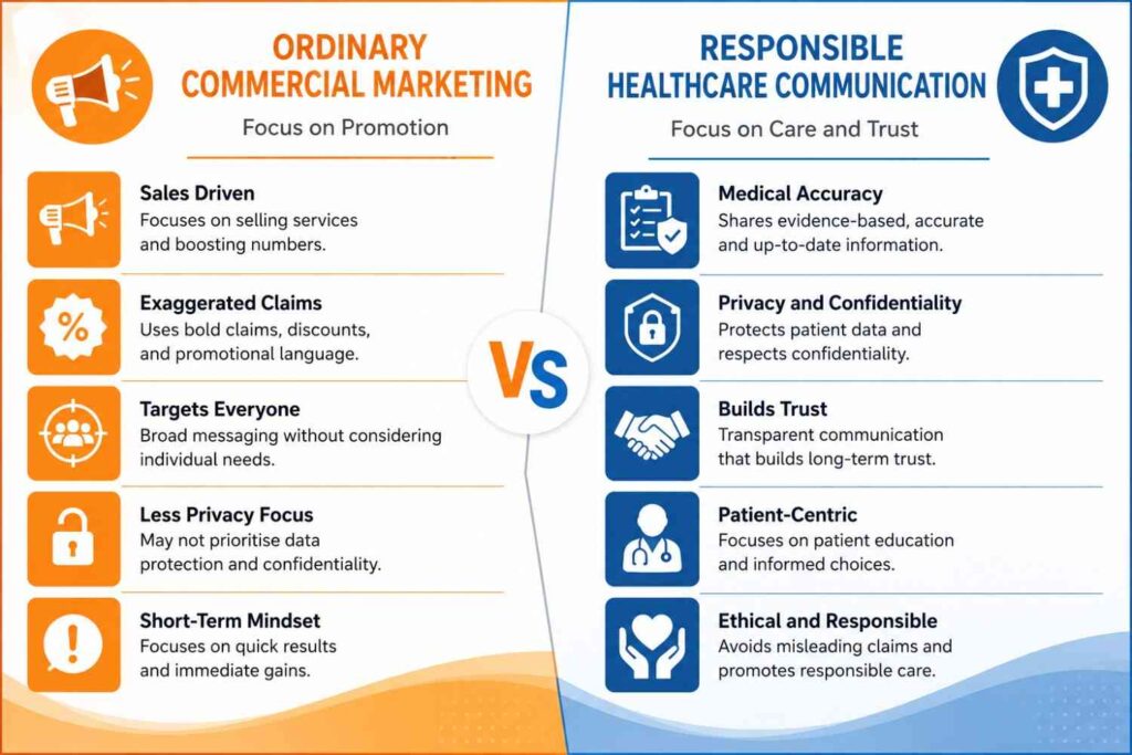 Split comparison illustration showing ordinary commercial marketing on one side and responsible healthcare communication on the other, highlighting differences in trust, medical accuracy, privacy, and ethical messaging using orange and blue colors.