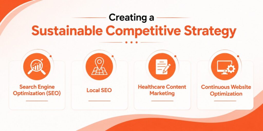 Digital Marketing for Clinics in Thrissur infographic illustrating a sustainable competitive strategy through Search Engine Optimization (SEO), Local SEO, healthcare content marketing, and continuous website optimization.