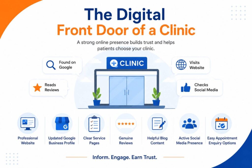 Minimal healthcare illustration showing a clinic as a digital front door, surrounded by icons representing a professional website, Google Business Profile, service pages, patient reviews, blog content, social media, and online appointment enquiries.