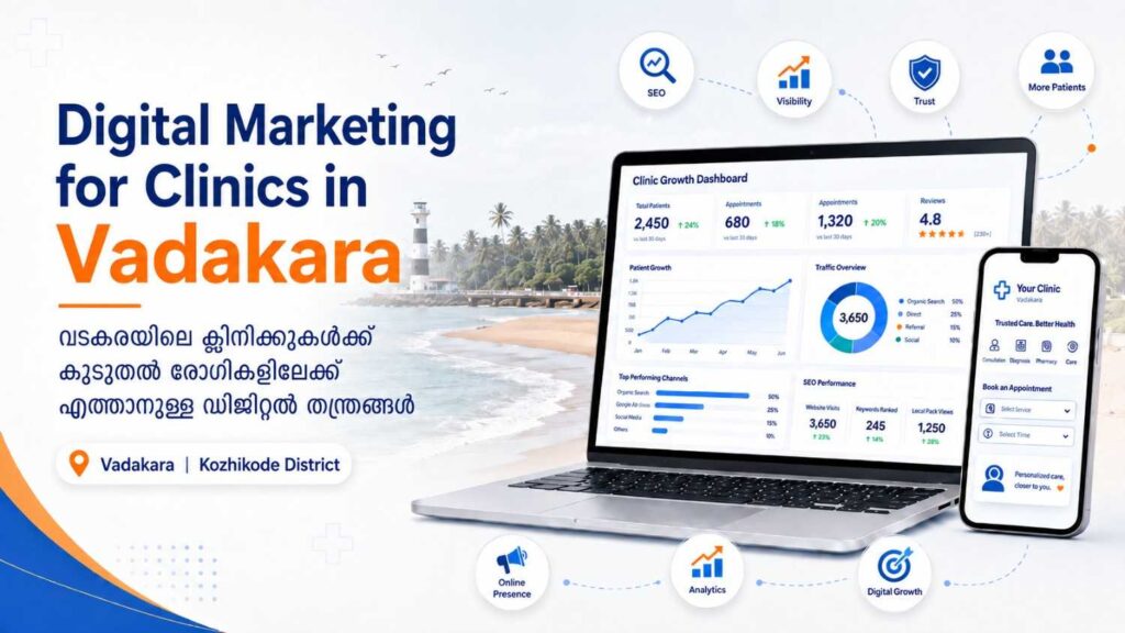 Digital Marketing for Clinics in Vadakara banner with Vadakara coastal background, clinic growth dashboard, mobile appointment screen, and healthcare marketing icons.