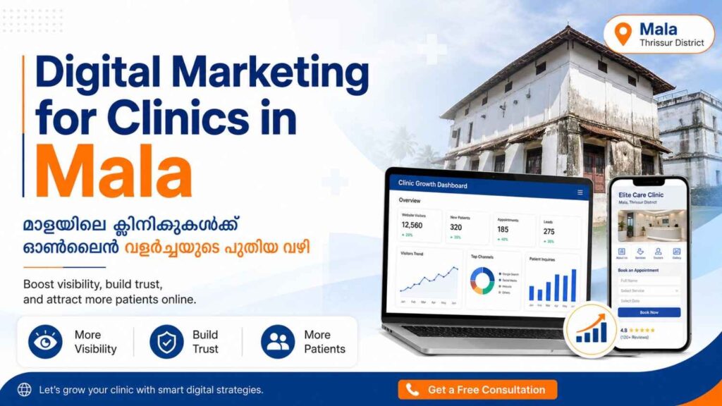 Digital Marketing for Clinics in Mala banner featuring clinic analytics dashboard, mobile appointment screen, and Mala landmark background.