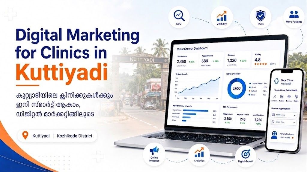 Digital Marketing for Clinics in Kuttiady banner with Kuttiady Dam background, clinic growth dashboard, mobile appointment screen, and healthcare marketing icons.