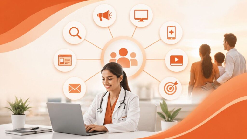 Types of Healthcare Marketing illustration showing digital healthcare marketing strategies for doctors, clinics, and hospitals