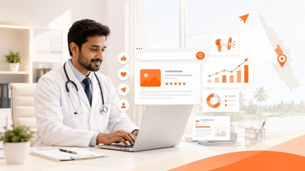 Healthcare marketing in Kerala illustration showing a doctor using digital marketing tools, SEO analytics, social media, and online healthcare branding.