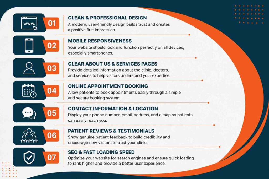 Infographic showing the essential components of a successful clinic website, including responsive design, online appointment booking, patient reviews, contact information, and SEO.