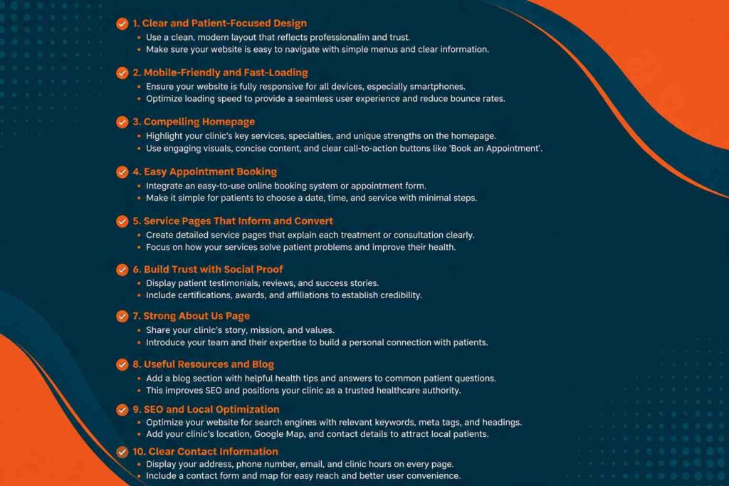 Infographic showing key elements of building a high-converting clinic website with modern web design best practices.