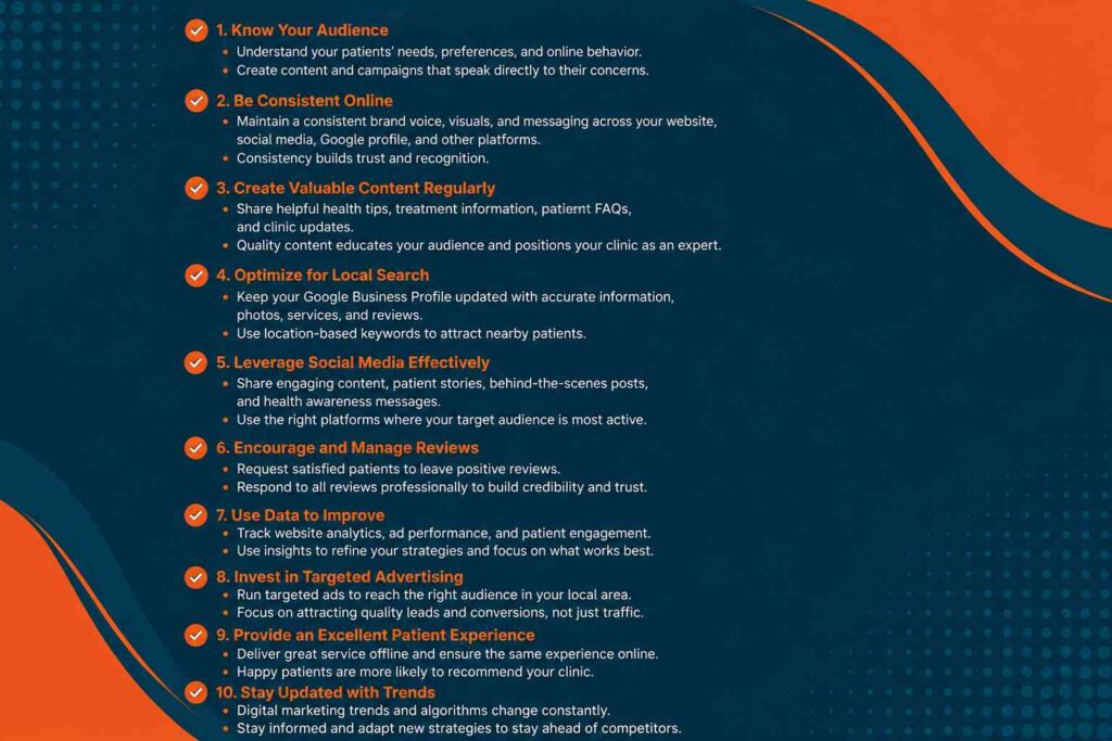 Infographic highlighting practical digital marketing tips to improve online visibility, patient engagement, and clinic growth.