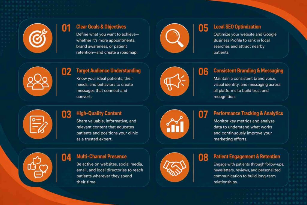 Infographic showing the essential features of an effective clinic marketing strategy with SEO, branding, analytics, and patient engagement elements.