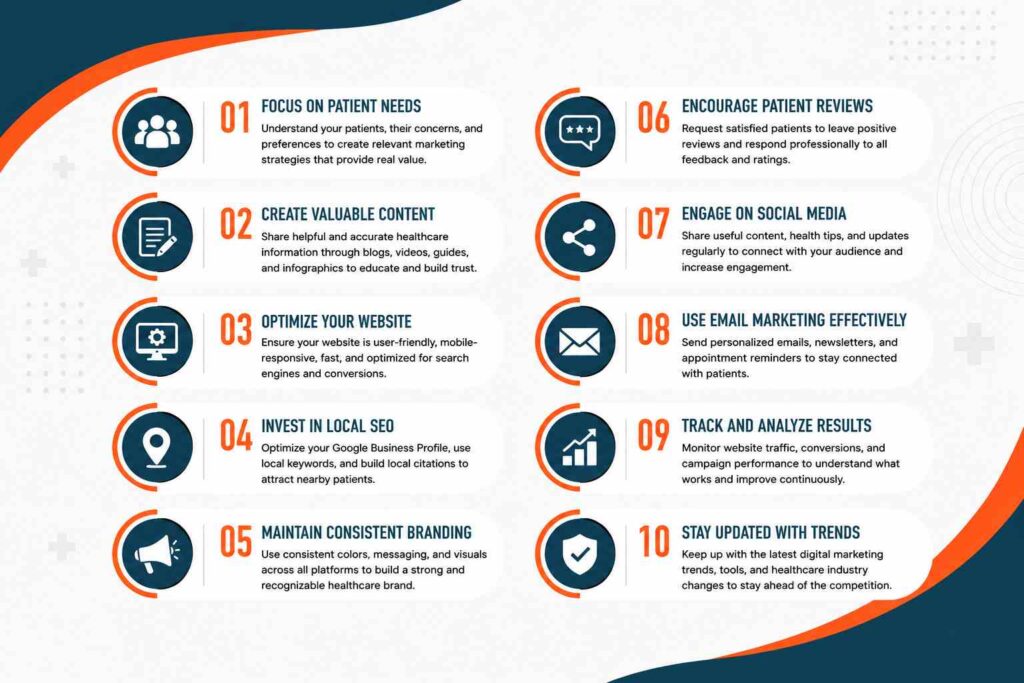 Tips for Maximizing the Benefits of Healthcare Marketing infographic highlighting patient-focused strategies, valuable content creation, website optimization, local SEO, branding, patient reviews, social media, email marketing, analytics, and industry trends.