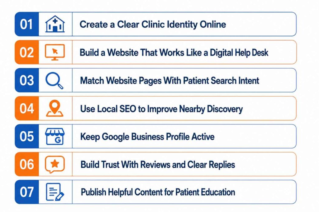Simple infographic listing seven essential steps for improving a clinic's online presence, including creating a clear clinic identity, building a patient-friendly website, matching content with search intent, using local SEO, maintaining an active Google Business Profile, managing patient reviews, and publishing educational content.