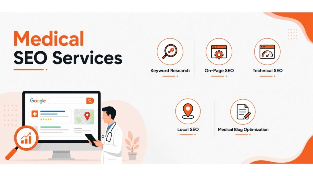 Medical SEO Services illustration showcasing keyword research, on-page SEO, technical SEO, local SEO, and blog optimization for healthcare marketing in Kerala.