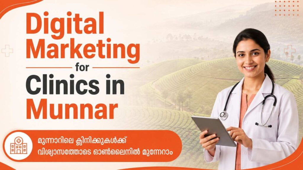 Digital Marketing for Clinics in Munnar feature image showcasing the scenic Munnar tea plantations with healthcare digital marketing branding, highlighting local SEO, online visibility, patient engagement, and clinic growth.