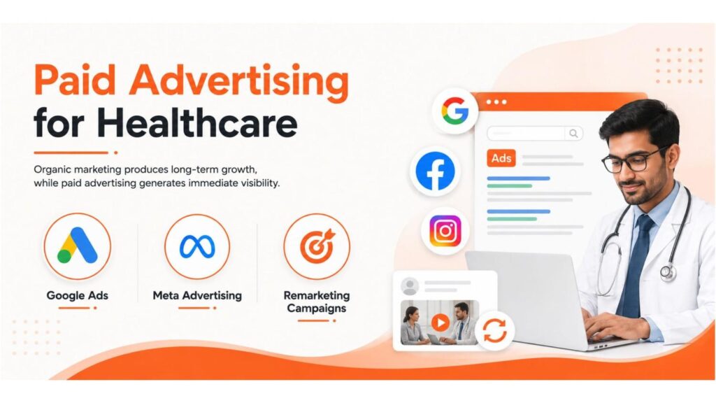Paid Advertising for Healthcare illustration featuring Google Ads, Meta Advertising, and Remarketing Campaigns for healthcare marketing in Kerala.