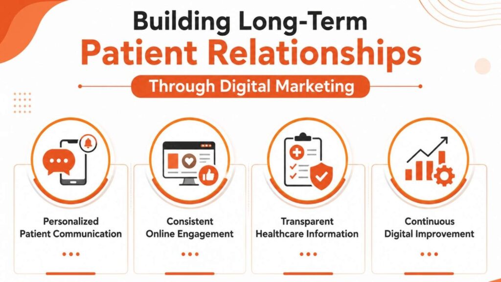 Digital Marketing for Clinics in Aluva infographic illustrating long-term patient relationship strategies through personalized communication, online engagement, transparent healthcare information, and continuous digital improvement.