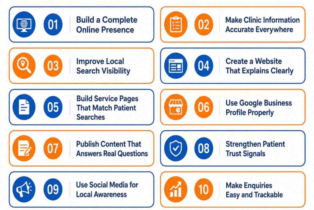 A clean infographic in blue, orange, and white presenting a 10-level digital marketing roadmap for clinics. Each numbered section highlights a key stage, from building an online presence to making patient enquiries easy and trackable, using simple icons and minimal text.
